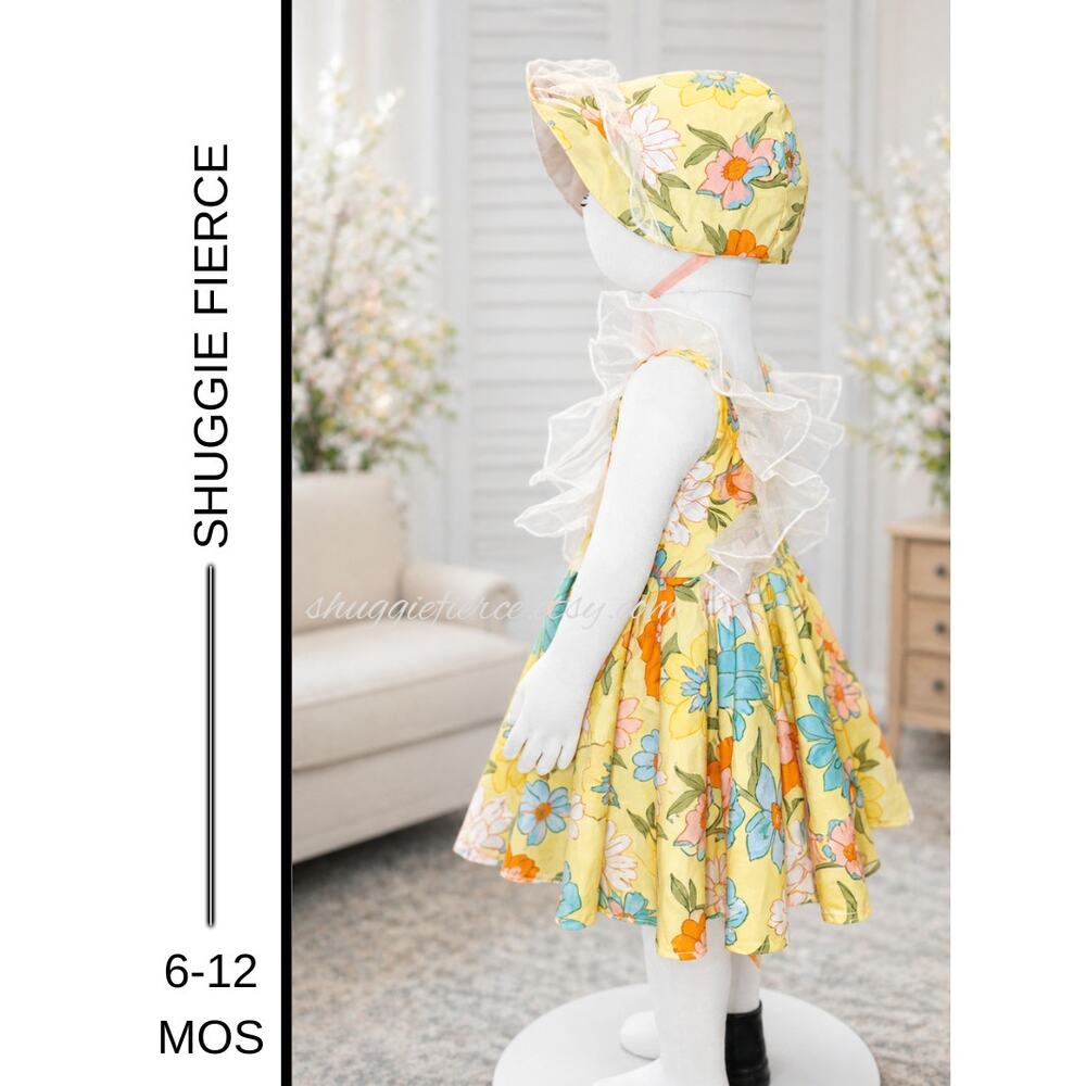 ✨Yellow Floral Handmade Baby Dress + Bonnet Set – 6–12M | One of One ✨QUICK SHIP